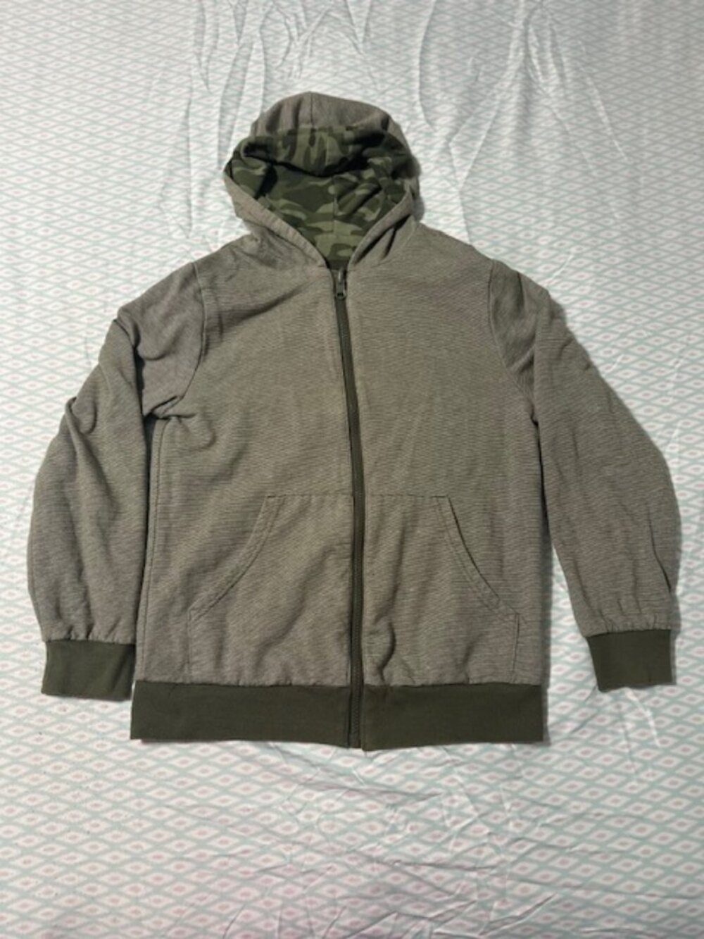 Kids Size 10 Green/Olive Camo-Lined Hooded Full-Zip Jacket